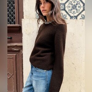 Zara Grey KNIT wool JEWELED BEAD COLLAR sweater